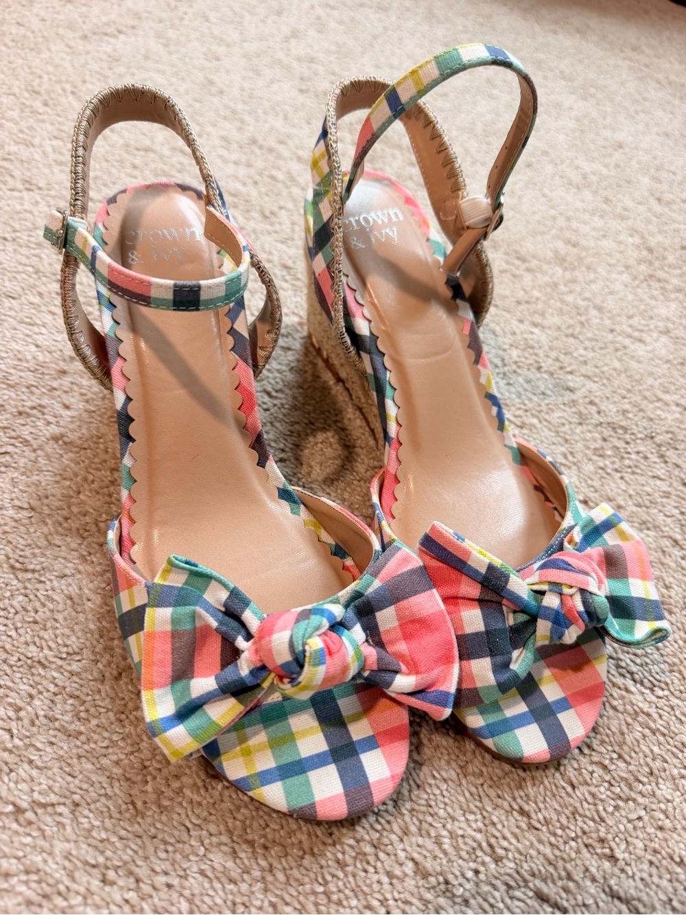 crown & ivy Multicolor Plaid Knot Wedges — Coral, Navy & Green